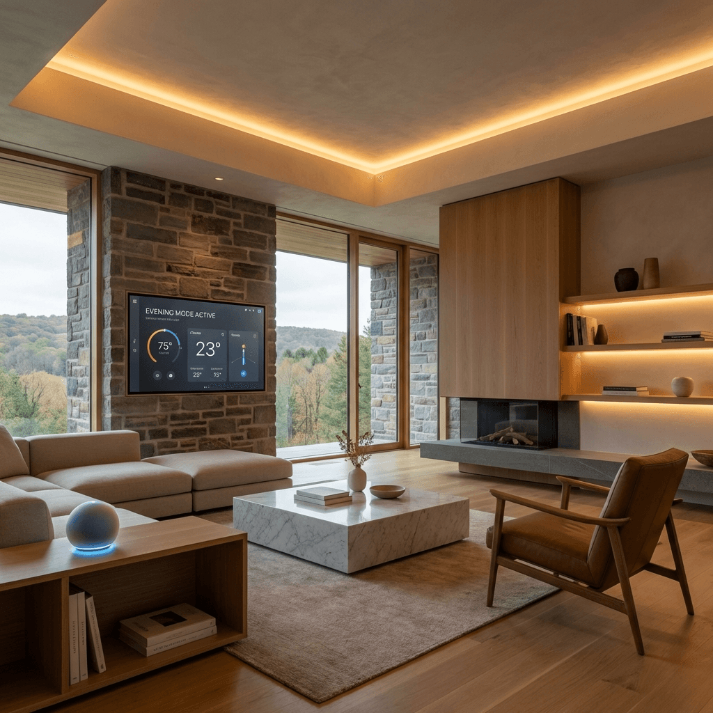 Smart home technology integrated into a modern kitchen and living area renovation